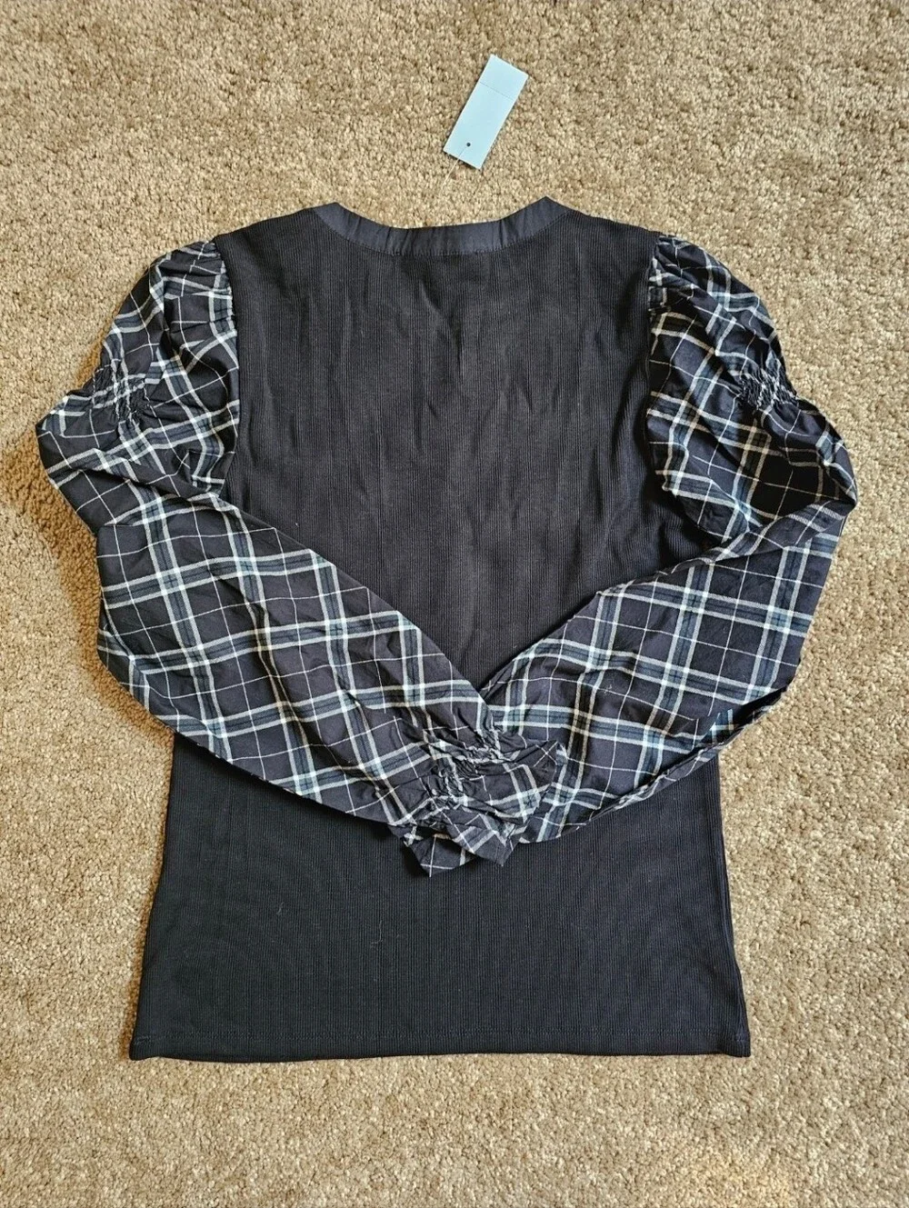 LOFT Black Henley with White Grid Puff Sleeves